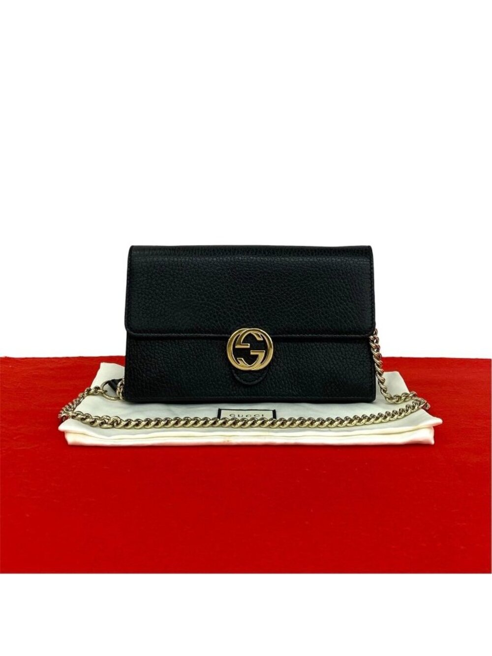 Gucci Interlocking G Logo Leather Chain Wallet Mini Shoulder Bag Black